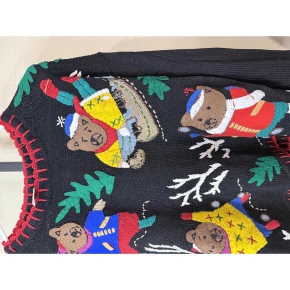 Winter Christmas Holiday Large Black Knit Sweater with Bear and Winter Motif - Picture 3 of 9
